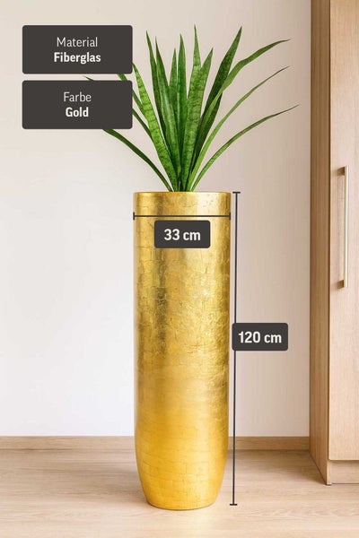 Goldene Pflanzsäule aus Fiberglas, Höhe 120 Zentimeter, Durchmesser 33 Zentimeter.