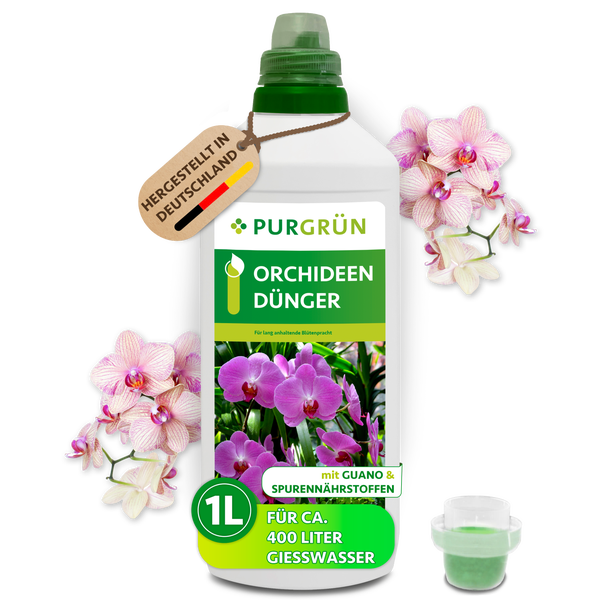 Eine Flasche Purgrün Orchideendünger mit einem Liter Inhalt und Guano für die Pflege von Orchideen, hergestellt in Deutschland.