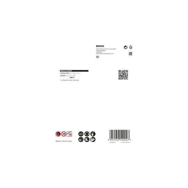 Bosch Logo, Papier-Recycling-Symbol, EAC-Zeichen, QR-Code, Barcode, Sicherheitshinweise und Herkunftsland.