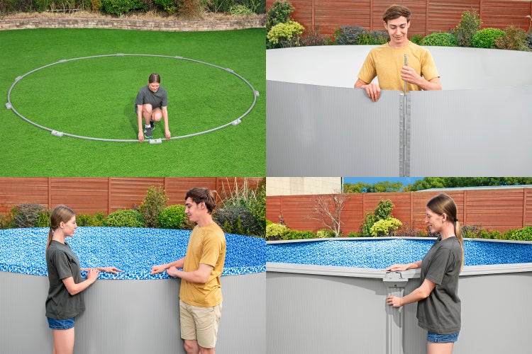 Vier Bilder zeigen die Montage eines runden Stahlwandpools: Aufbau der Bodenschiene, Aufstellen der Stahlwand, Einhängen der Folie und Montage des Rands.