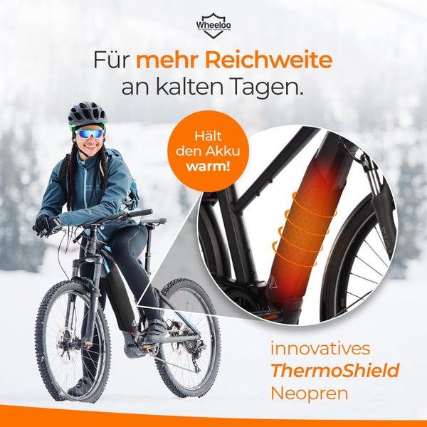 E-Bike Akku Schutzhülle mit Flaschenhalter Öffnung I Ebike Schutz mit Reißverschluss + Tasche I für mehr Reichweite I universale Passform I Fahrrad Abdeckung für integrierte E bike Akkus I WHEELOO