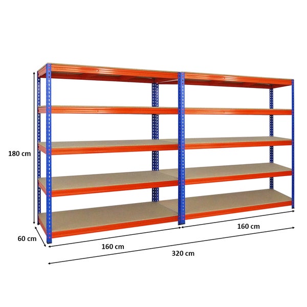 PROREGAL Mega Deal 2x Profi Schwerlastregal Bison HxBxT 200 x 180 x 60 cm 5 Fachböden Fachlast 600 kg Blau-Orange