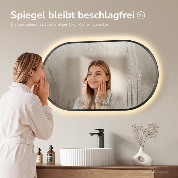 Ovaler Badezimmerspiegel mit integrierter LED Beleuchtung und beschlagfreier Spiegelheizung, steuerbar per Touch Sensor im modernen Badambiente.
