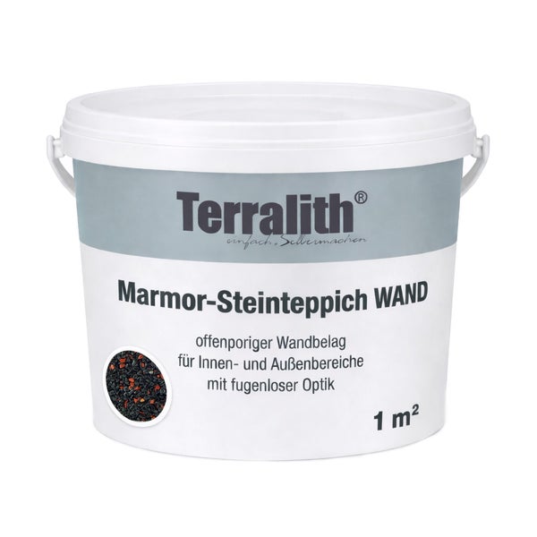 Terralith Marmor-Steinteppich für die Wand im 1 Quadratmeter Eimer, offenporiger Wandbelag für innen und außen mit fugenloser Optik.