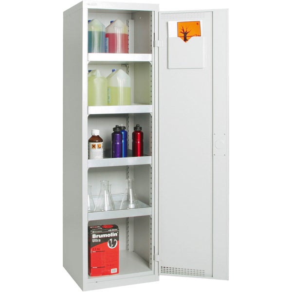 Gefahrstoffschrank mit Fächern und diversen Behältern