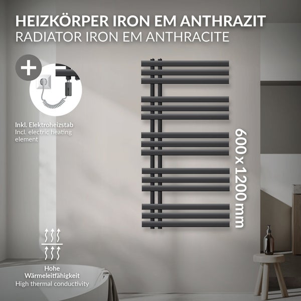 LuxeBath Elektrischer Badheizkörper Iron EM 600 x 1200 mm Anthrazit + Heizstab 1200W mit Thermostat Touchbedienung, Handtuchheizkörper mit Heizpatrone, Handtuchwärmer Paneelheizkörper Designheizkörper