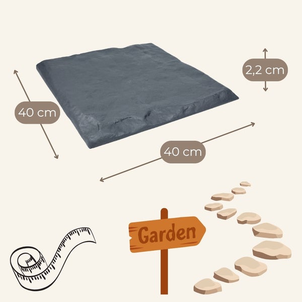Quadratische Terrassenplatte aus Stein mit den Maßen 40 mal 40 Zentimeter und einer Stärke von 2,2 Zentimeter für den Garten.