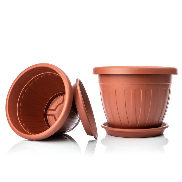 BigDean 3x Blumentopf mit Untersetzer rund ø33xH25 cm terracotta - wetterfester Pflanzkübel - Wasserablauf UV-beständig aus bruchsicherem Kunststoff - Innen + Außen geeignet - Made in Europe