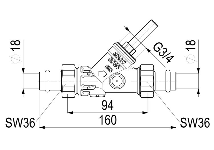 Maßzeichnung Schrägsitzventil, Durchmesser 18 Millimeter, Gewinde drei viertel Zoll, Gesamtlänge 160 Millimeter, zertifiziert.