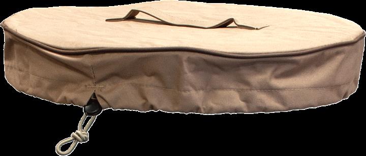 Runde beige Schutzhülle aus Textil für Gartenmöbel mit Tragegriff und Kordelzug.