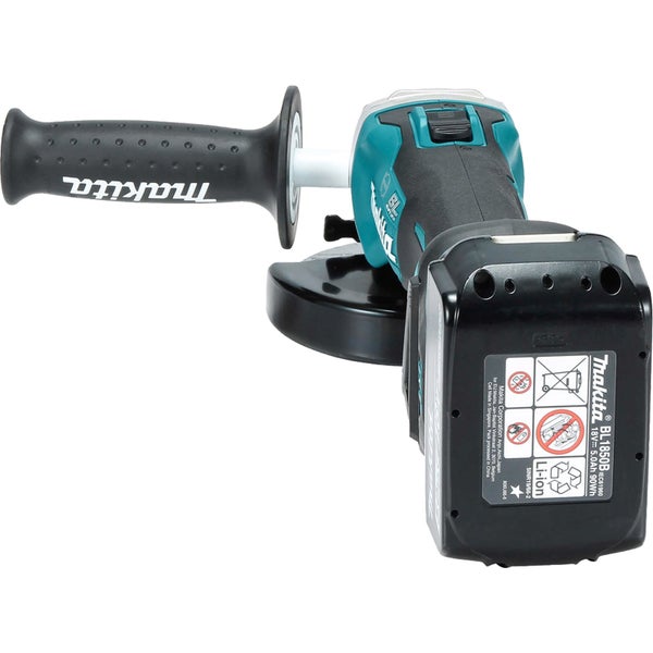 Türkisfarbener Makita Akku-Winkelschleifer mit 18 Volt Lithium-Ionen-Akku und schwarzem Seitengriff.