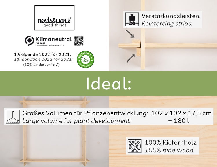 needs&wants® Große Hochbeet-Umrandung aus Holz für Garten Terrasse, Pflanzbeet Bausatz XL quadratisch, Blumenbeet Kräuterbeet Beetumrandung niedrig deko, braun