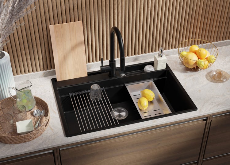 PRIMAGRAN Spülbecken Schwarz 78x53cm, Granitspüle 1 Becken + Ablauf-Set + Küchenzubehörset, Küchenspüle ab 80er Unterschrank - Oslo Pocket