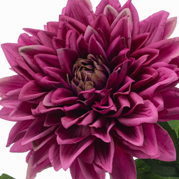 Künstliche Dahlie mit grünen Blättern und pinkfarbener Blüte.