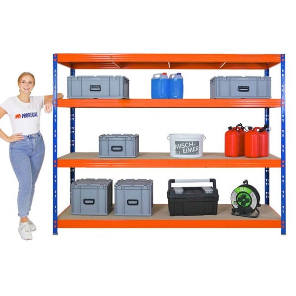 PROREGAL Profi Schwerlastregal Rhino, HxBxT 180x240x60cm, 4 Spanplatten-Ebenen 8mm, Fachlast 450kg, Blau/Orange