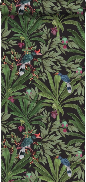 Walls4You Tapete tropische Dschungelblätter und Paradiesvögel Schwarz und Grün - 53 cm x 10.05 m - 935332