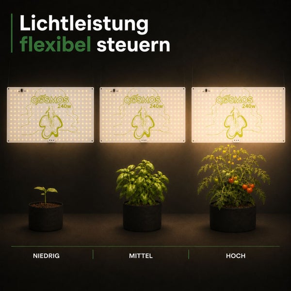 LED-Pflanzenlampe Cosmos 240 Watt mit flexibler Lichtsteuerung in drei Stufen für Keimlinge, Kräuter und blühende Pflanzen. Cosmos Logo.