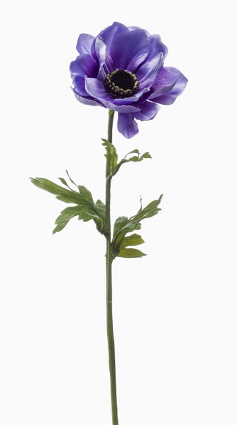 Künstliche Anemone in Blau-Violett mit grünem Stiel und Blättern.