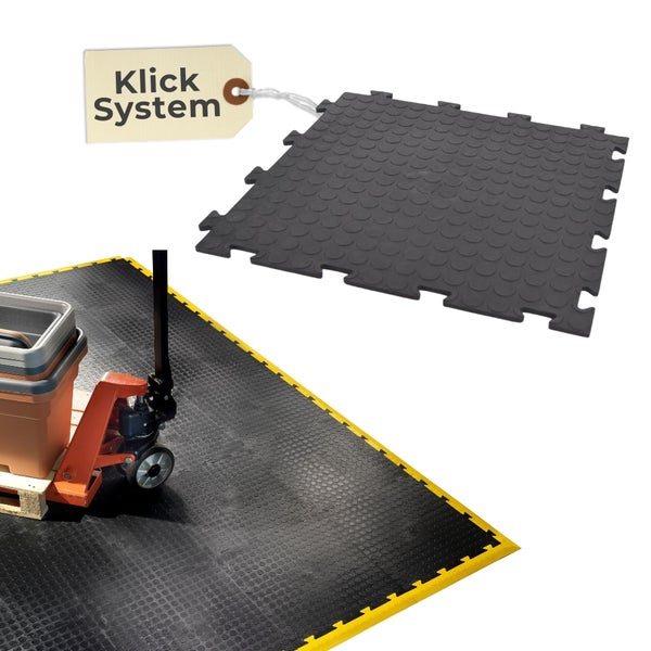 PVC-Bodenfliese mit Noppenoberfläche und Klicksystem für Garage oder Werkstatt, dargestellt mit Hubwagen auf Bodenfläche mit Abschlussprofilen.