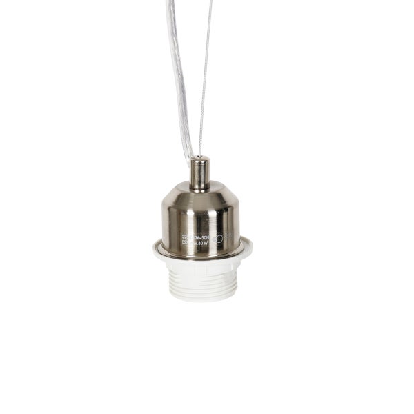 E27 Lampenfassung aus silberfarbenem Metall und weißem Kunststoff mit transparentem Kabel und Drahtseilaufhängung, maximal 40 Watt.