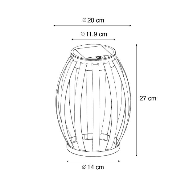 Technische Zeichnung einer Solarleuchte mit Maßen: Höhe 27 Zentimeter, maximaler Durchmesser 20 Zentimeter und Fuß 14 Zentimeter.