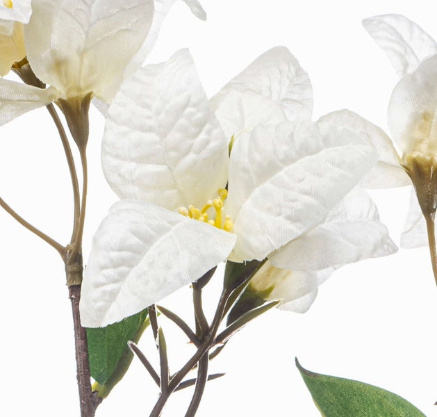 Künstliche weiße Blüte mit gelber Mitte, grünen Blättern und braunem Stiel.