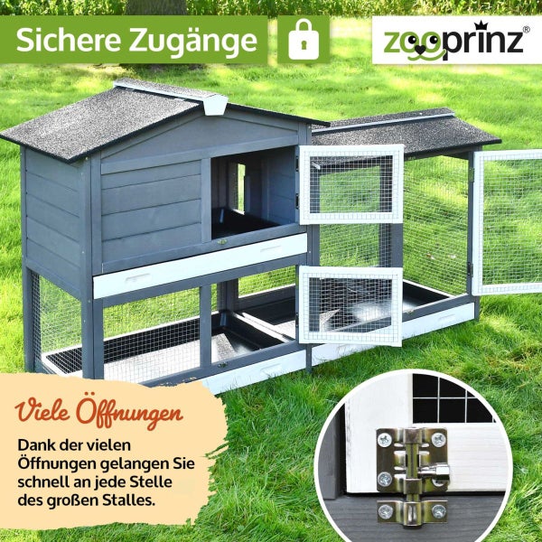 Zooprinz Kleintierstall aus Holz mit vielen Öffnungen und sicheren Riegeln auf Rasen. Zooprinz Logo. Symbol für sichere Zugänge.
