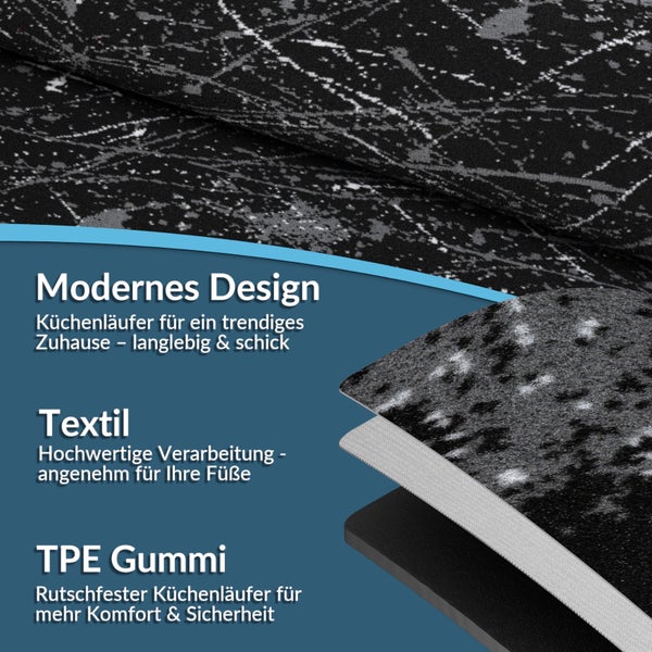 Küchenläufer mit modernem Design, Textiloberfläche und TPE Gummi für Komfort und Sicherheit.