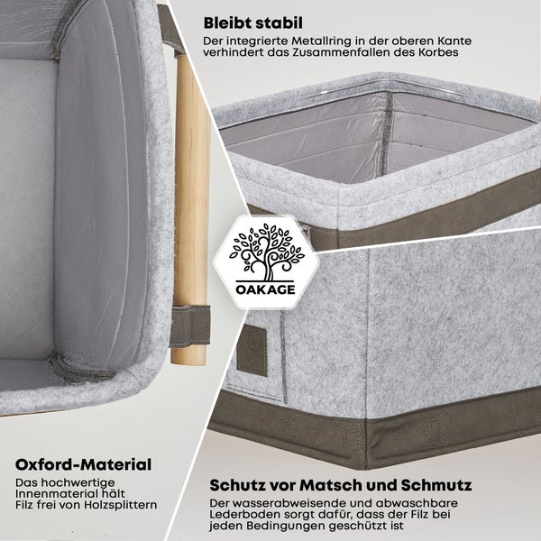 OAKAGE® FireMaster Hellgrau Holzkorb Filz - Einhängbarer Zündholzkorb - 42x32x35cm