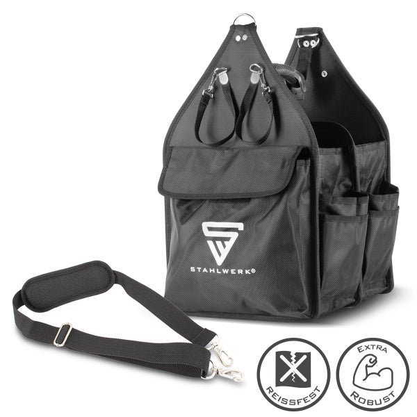 Stahlwerk Werkzeugtasche aus strapazierfähigem Gewebe mit Schultergurt und mehreren Fächern zur Werkzeugaufbewahrung.