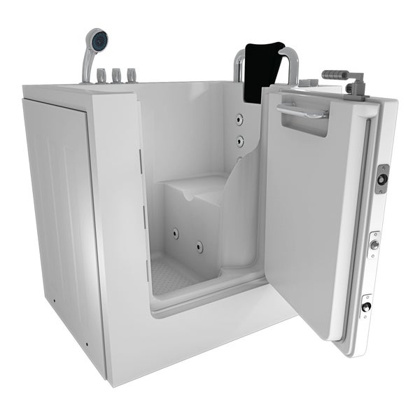 Begehbare Badewanne mit offener Tür, Sitz, Brausekopf und Bedienelementen