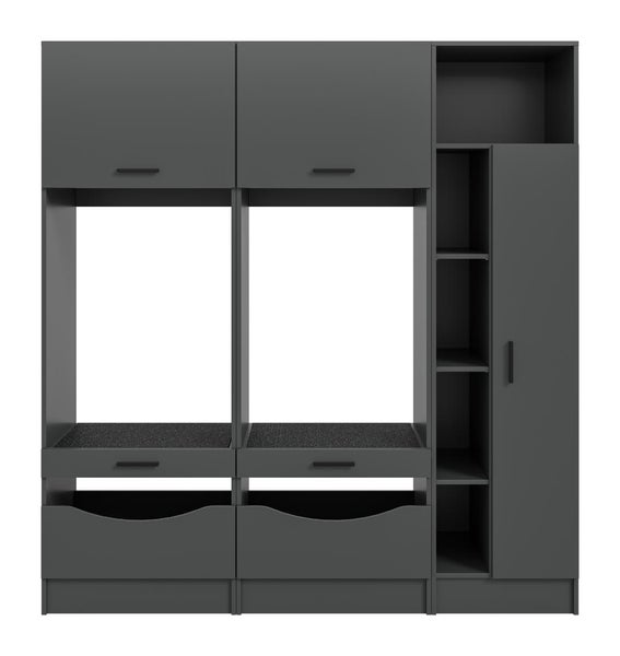Waschmaschinenschrank-Set in Anthrazit, 3-teilig, mit zwei Nischen für Geräte, Oberschränken, Auszügen und einem hohen Beischrank mit Fachböden.