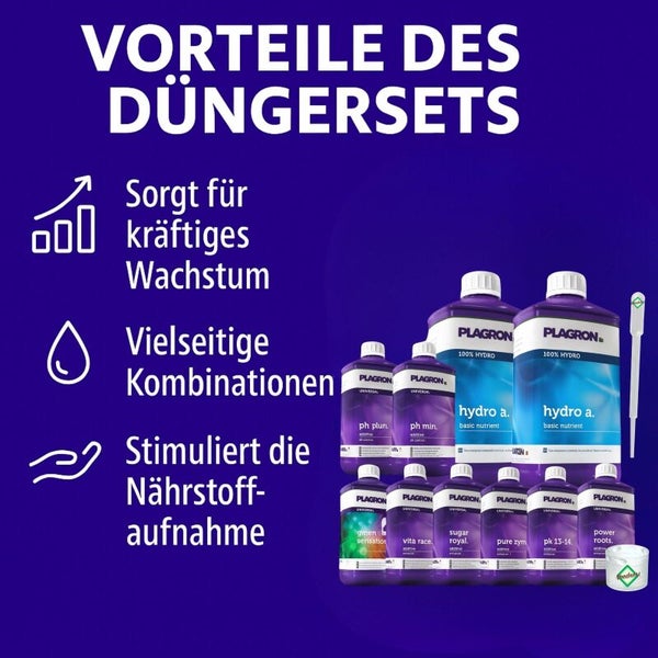 Plagron Düngerset mit Vorteilen für kräftiges Wachstum, vielseitige Kombinationen und stimuliert Nährstoffaufnahme