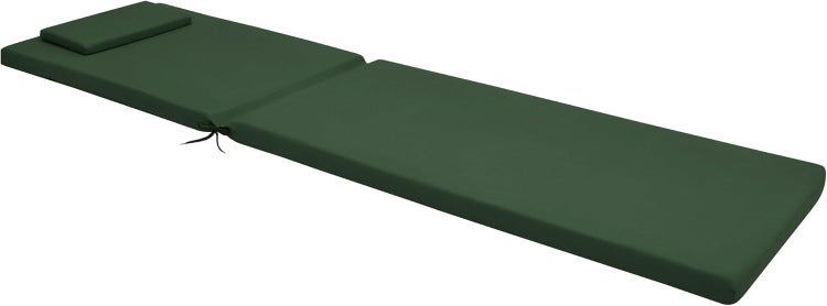 Grüne Auflage für Sonnenliegen mit Kopfkissen und Bindebändern.