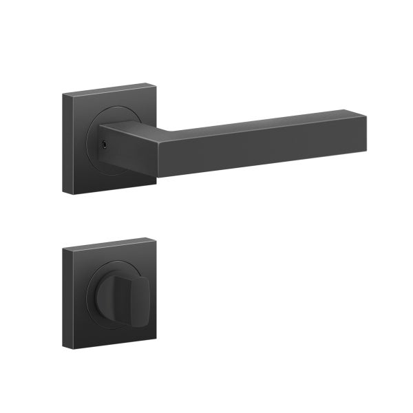 Modernes schwarzes Türdrücker-Set für Badezimmer und Toilette mit eckigen Rosetten und rechteckigem Griff.