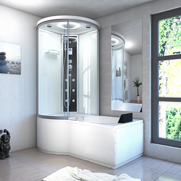 Technische Zeichnung einer Duschkabinen-Badewannen-Kombination mit Maßangaben in Zentimeter.