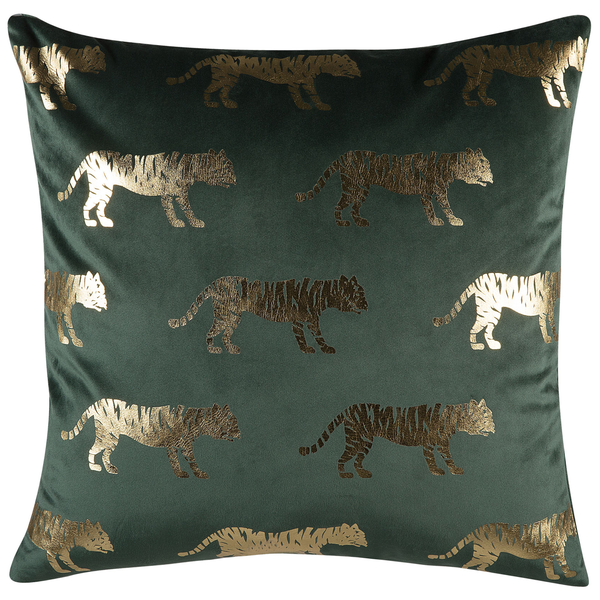 Dunkelgrünes Dekokissen aus Samt mit goldenem Tigermuster.