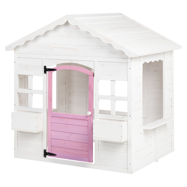 Weißes Kinderspielhaus aus Holz mit rosa Tür und Fensterkästen