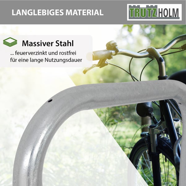 Trutzholm Logo. Fahrradanlehnbügel aus massivem, feuerverzinktem und rostfreiem Stahl für eine lange Nutzungsdauer im Außenbereich.