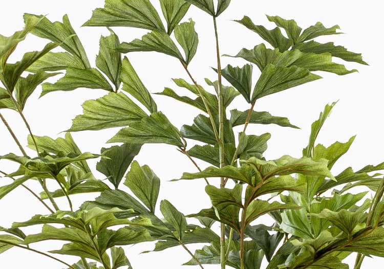 Künstliche Tradescantia im schwarzen Topf mit gemusterten Blättern in Grün und Violett.
