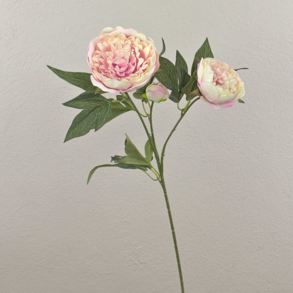Künstliche rosa Pfingstrose mit grünen Blättern.