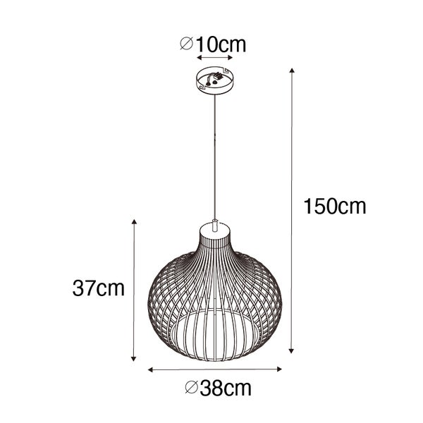 Zeichnung einer Pendelleuchte mit den Maßen 37 cm Höhe und 38 cm Durchmesser