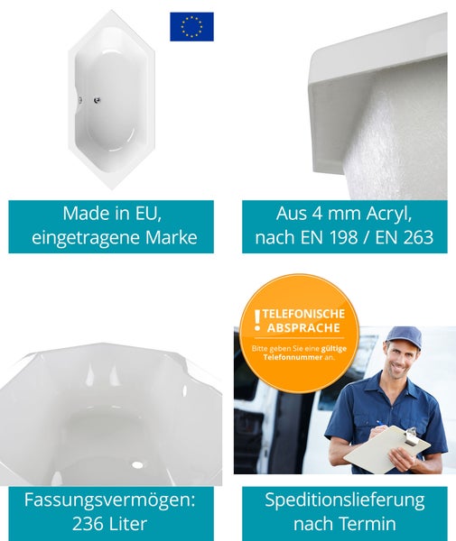 Sechseckige Badewanne aus 4 Millimeter Acryl, hergestellt in der Europäischen Union, 236 Liter Inhalt, Speditionslieferung nach Terminvereinbarung.