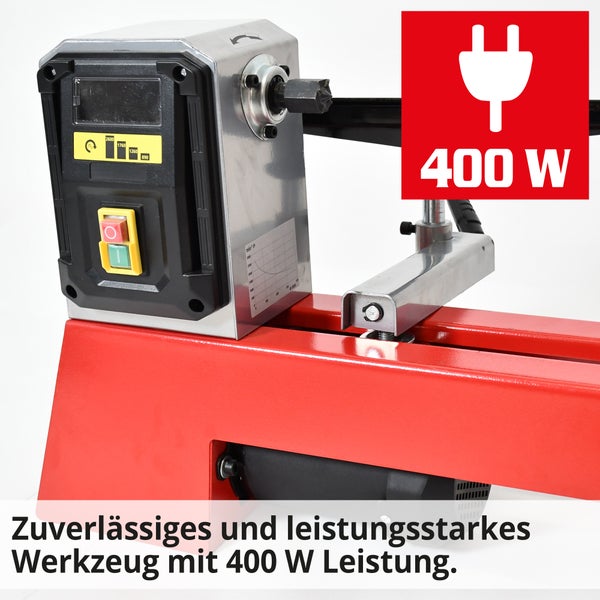 Detailansicht einer Drehbank mit Leistungsangabe 400 Watt.