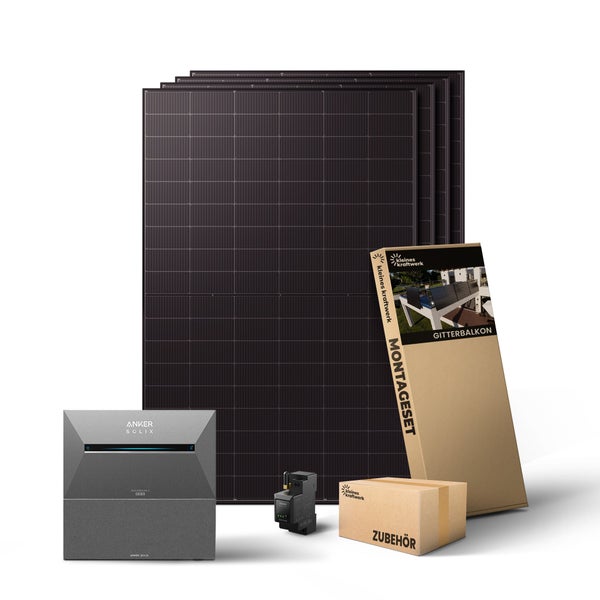 Balkonkraftwerk Komplettset von Kleines Kraftwerk mit vier Solarmodulen, Anker Solix Speicher, Montageset für Gitterbalkone und Zubehör.