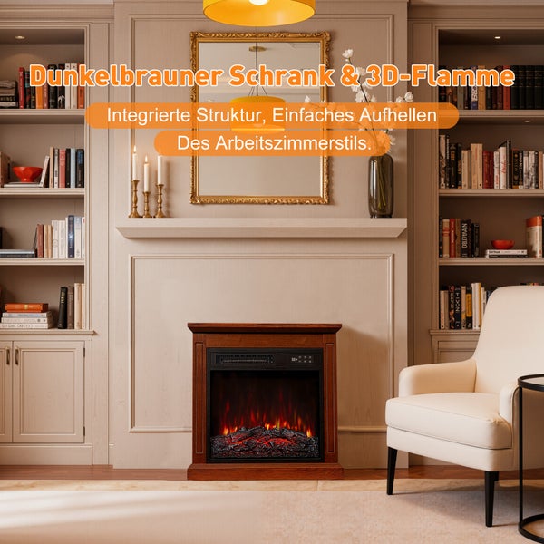 Wohnzimmer mit dunklem Holzschrank und Elektrokamin mit 3D-Flammeneffekt