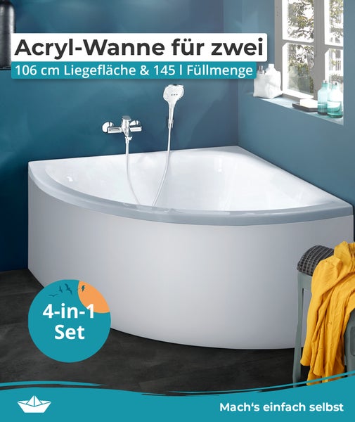 Weiße Acryl-Eckbadewanne für zwei Personen, 106 Zentimeter Liegefläche, 145 Liter Füllmenge, inklusive Armatur und Handbrause, 4-in-1 Set.