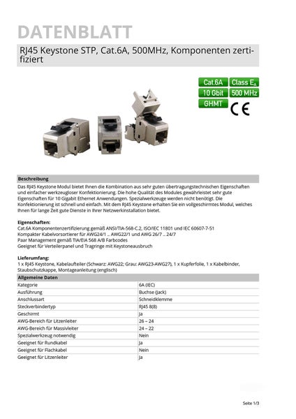 Produktdatenblatt für ein RJ45 Keystone STP Modul, Kategorie 6A, 500 Megahertz, GHMT-zertifiziert und mit CE-Kennzeichnung.
