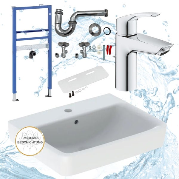 Waschtisch mit Armatur, Siphon, Eckventilen und Montageelementen