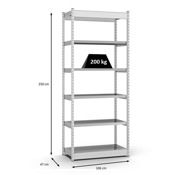 PROREGAL Fachbodenregal Stecksystem Vierkant-Profil Grundregal HxBxT 250 x 102,5 x 40 cm 6 Ebenen Einseitige Bauart Fachlast 200 kg Lichtgrau